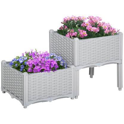 Outsunny 40cm x 40cm x 44cm Set of 2 26L Garden Raised Bed Elevated Patio Flower Plant Planter Box PP Vegetables Planting Container, Grey 
