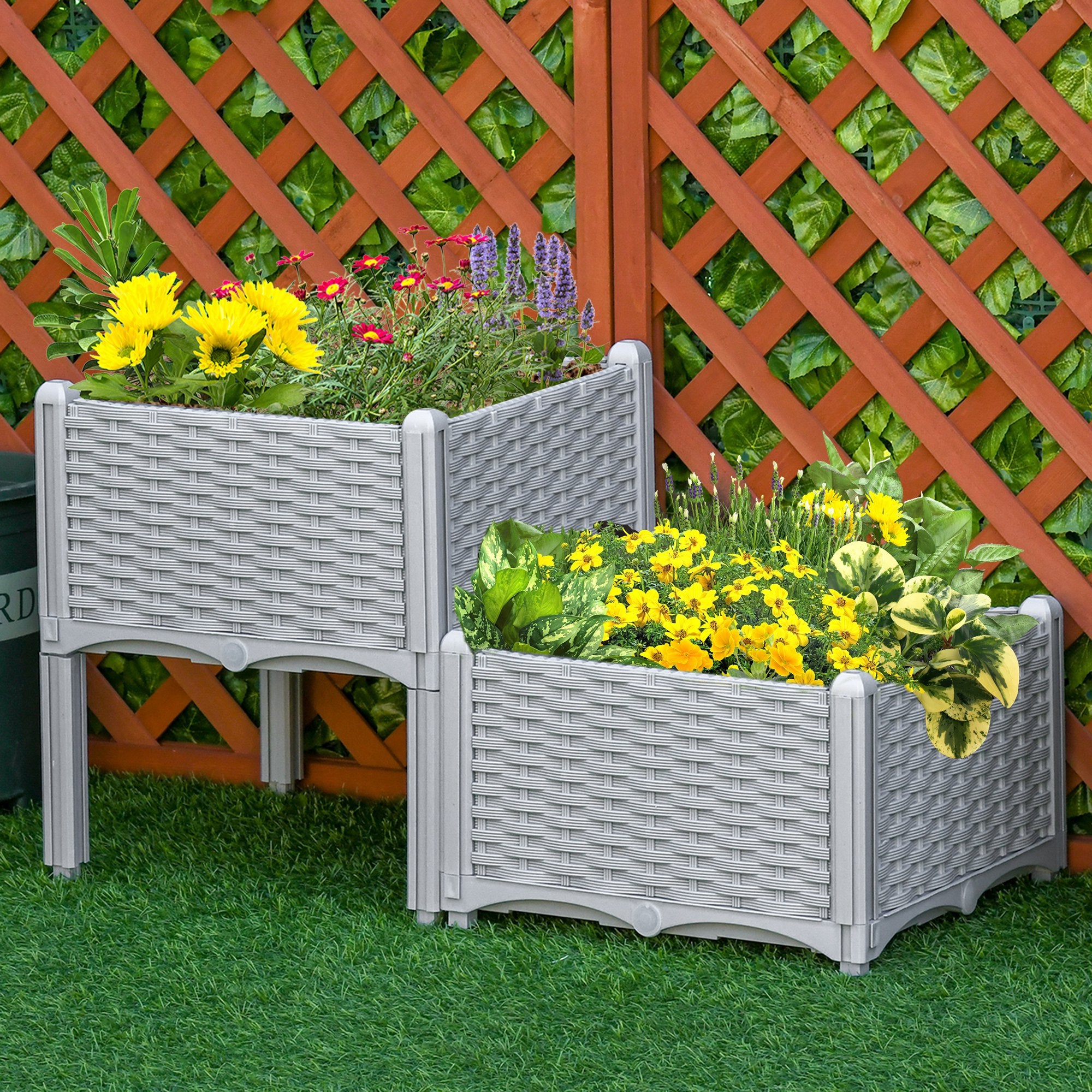 Outsunny 40cm x 40cm x 44cm Set of 2 26L Garden Raised Bed Elevated Patio Flower Plant Planter Box PP Vegetables Planting Container, Grey 
