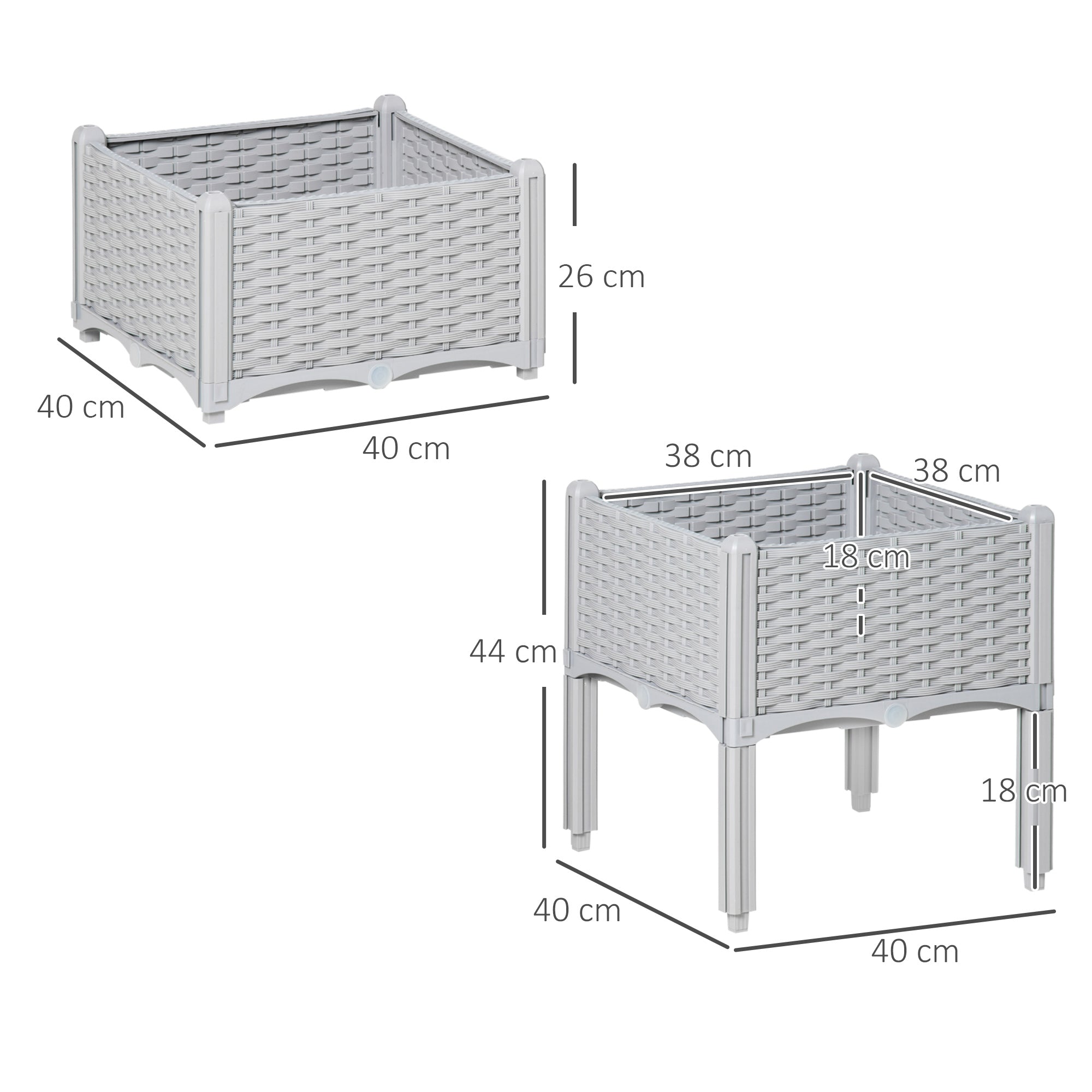 Outsunny 40cm x 40cm x 44cm Set of 2 26L Garden Raised Bed Elevated Patio Flower Plant Planter Box PP Vegetables Planting Container, Grey 