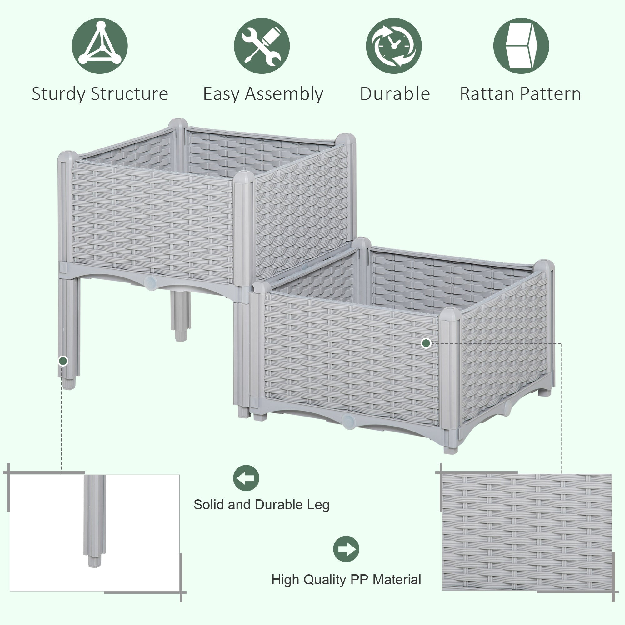 Outsunny 40cm x 40cm x 44cm Set of 2 26L Garden Raised Bed Elevated Patio Flower Plant Planter Box PP Vegetables Planting Container, Grey 