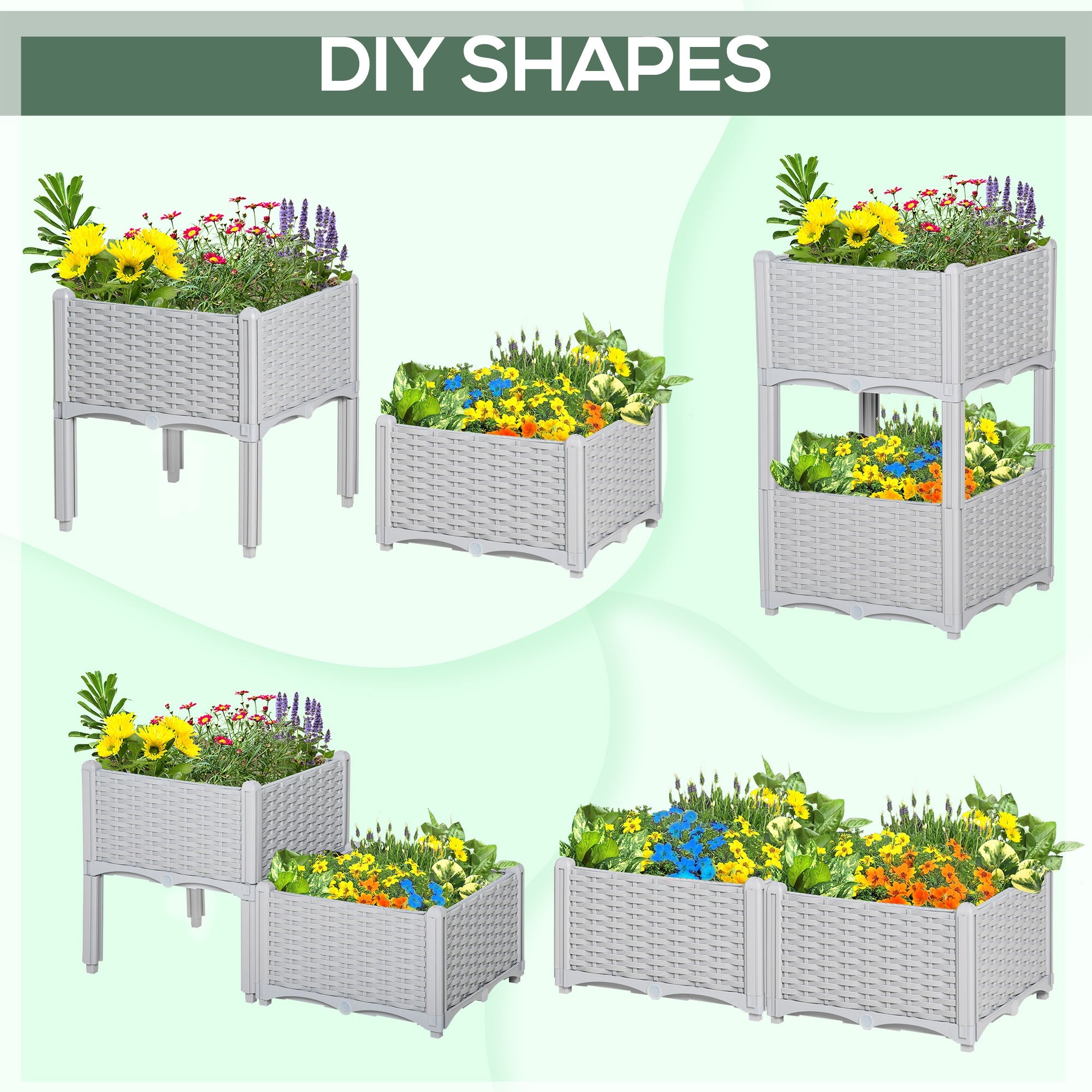 Outsunny 40cm x 40cm x 44cm Set of 2 26L Garden Raised Bed Elevated Patio Flower Plant Planter Box PP Vegetables Planting Container, Grey 