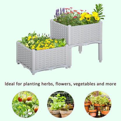 Outsunny 40cm x 40cm x 44cm Set of 2 26L Garden Raised Bed Elevated Patio Flower Plant Planter Box PP Vegetables Planting Container, Grey 