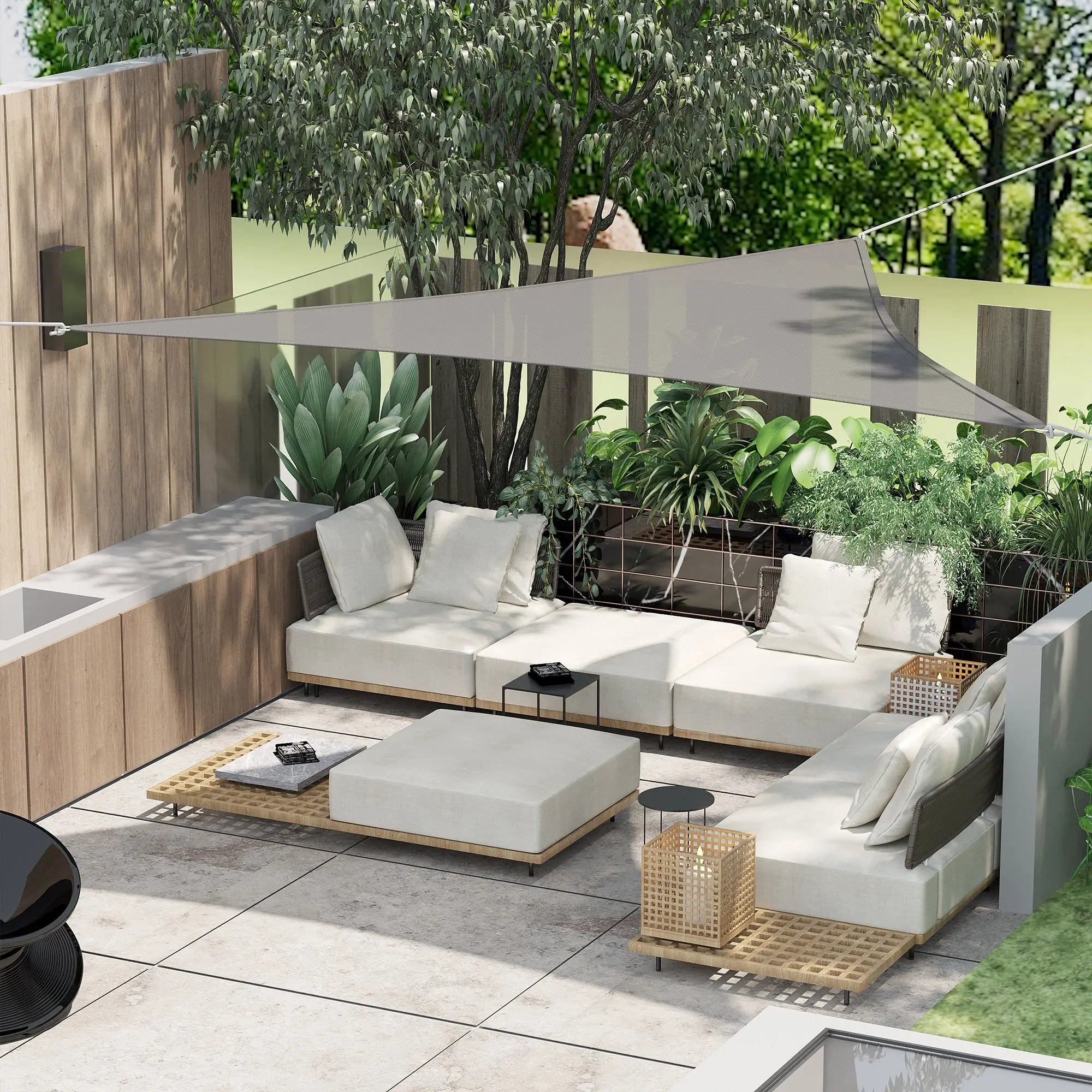 Outsunny 4x4m Triangle Sun Shade Sail, Outdoor UV Protection HDPE Canopy, Patio Deck Shelter with Steel Rings and Ropes, Grey 