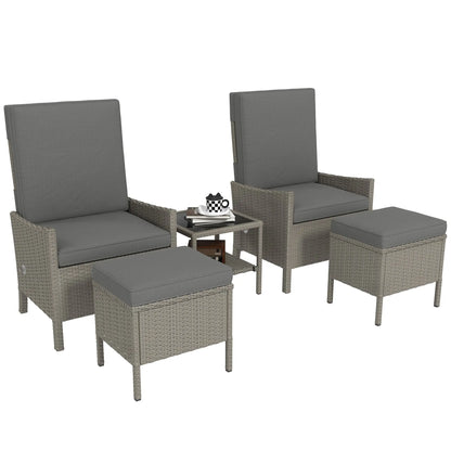 Outsunny 5 Piece Rattan Garden Furniture Set, Wicker Outdoor Furniture with 2 Armchairs, 2 Footstools and Glass Top Coffee Table with Shelf, Cushions for Patio Balcony, Dark Grey 
