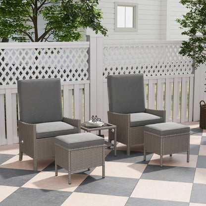 Outsunny 5 Piece Rattan Garden Furniture Set, Wicker Outdoor Furniture with 2 Armchairs, 2 Footstools and Glass Top Coffee Table with Shelf, Cushions for Patio Balcony, Dark Grey 