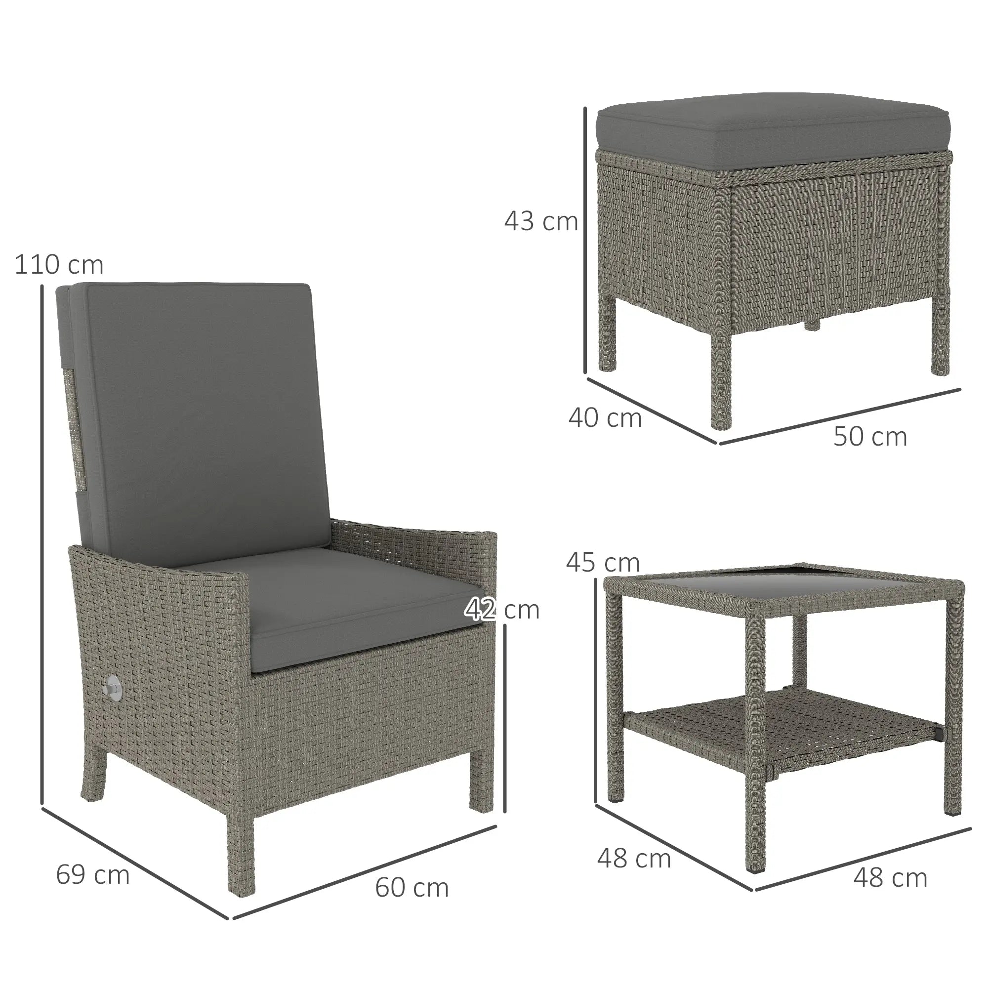 Outsunny 5 Piece Rattan Garden Furniture Set, Wicker Outdoor Furniture with 2 Armchairs, 2 Footstools and Glass Top Coffee Table with Shelf, Cushions for Patio Balcony, Dark Grey 