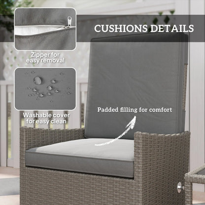 Outsunny 5 Piece Rattan Garden Furniture Set, Wicker Outdoor Furniture with 2 Armchairs, 2 Footstools and Glass Top Coffee Table with Shelf, Cushions for Patio Balcony, Dark Grey 