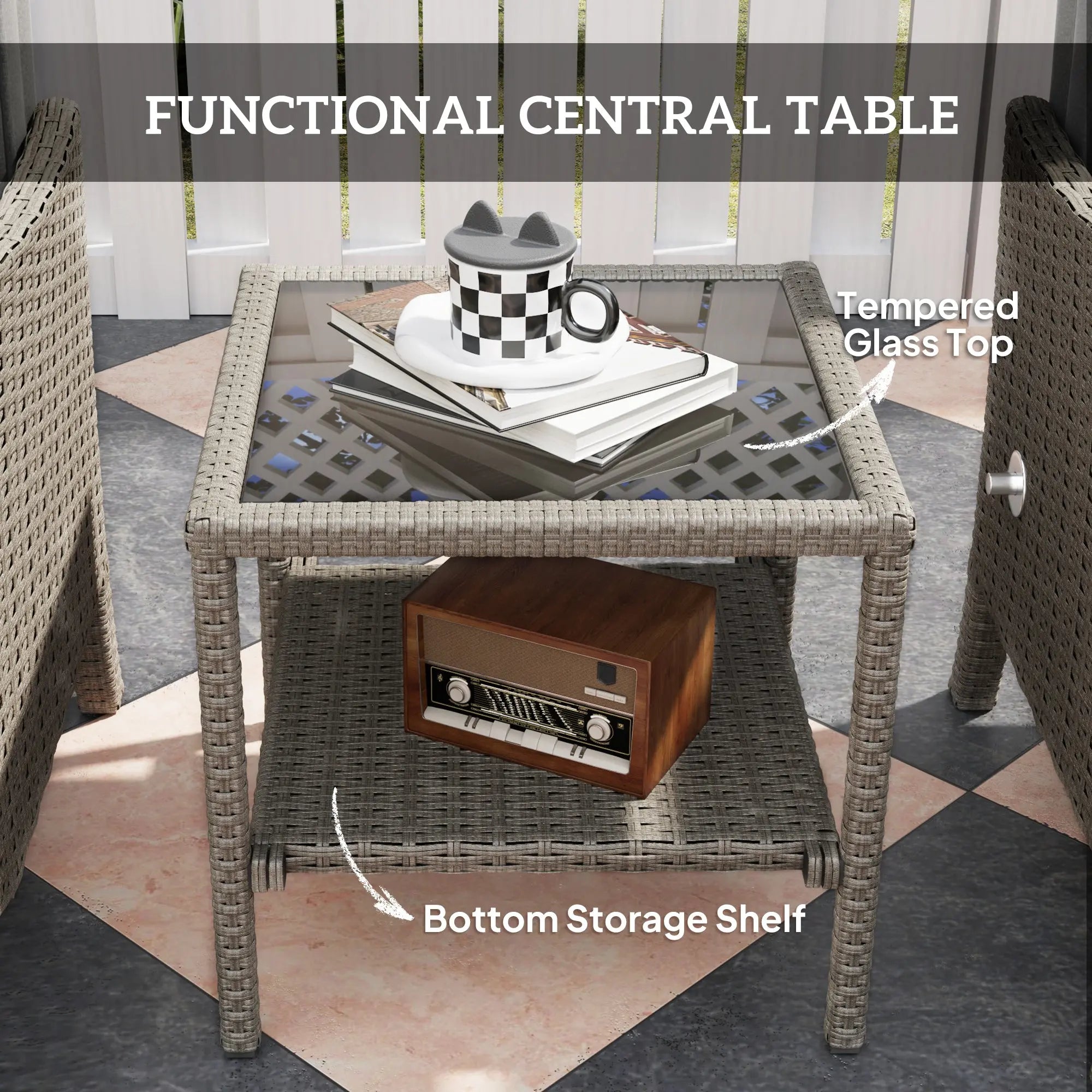 Outsunny 5 Piece Rattan Garden Furniture Set, Wicker Outdoor Furniture with 2 Armchairs, 2 Footstools and Glass Top Coffee Table with Shelf, Cushions for Patio Balcony, Dark Grey 