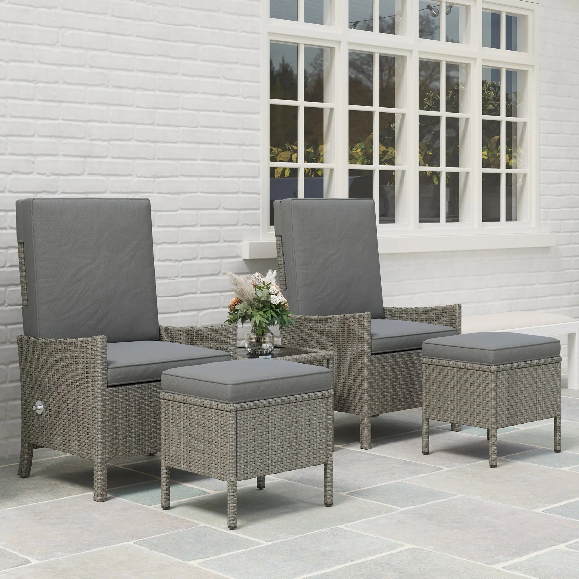 Outsunny 5 Piece Rattan Garden Furniture Set, Wicker Outdoor Furniture with 2 Armchairs, 2 Footstools and Glass Top Coffee Table with Shelf, Cushions for Patio Balcony, Dark Grey 
