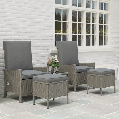 Outsunny 5 Piece Rattan Garden Furniture Set, Wicker Outdoor Furniture with 2 Armchairs, 2 Footstools and Glass Top Coffee Table with Shelf, Cushions for Patio Balcony, Dark Grey 