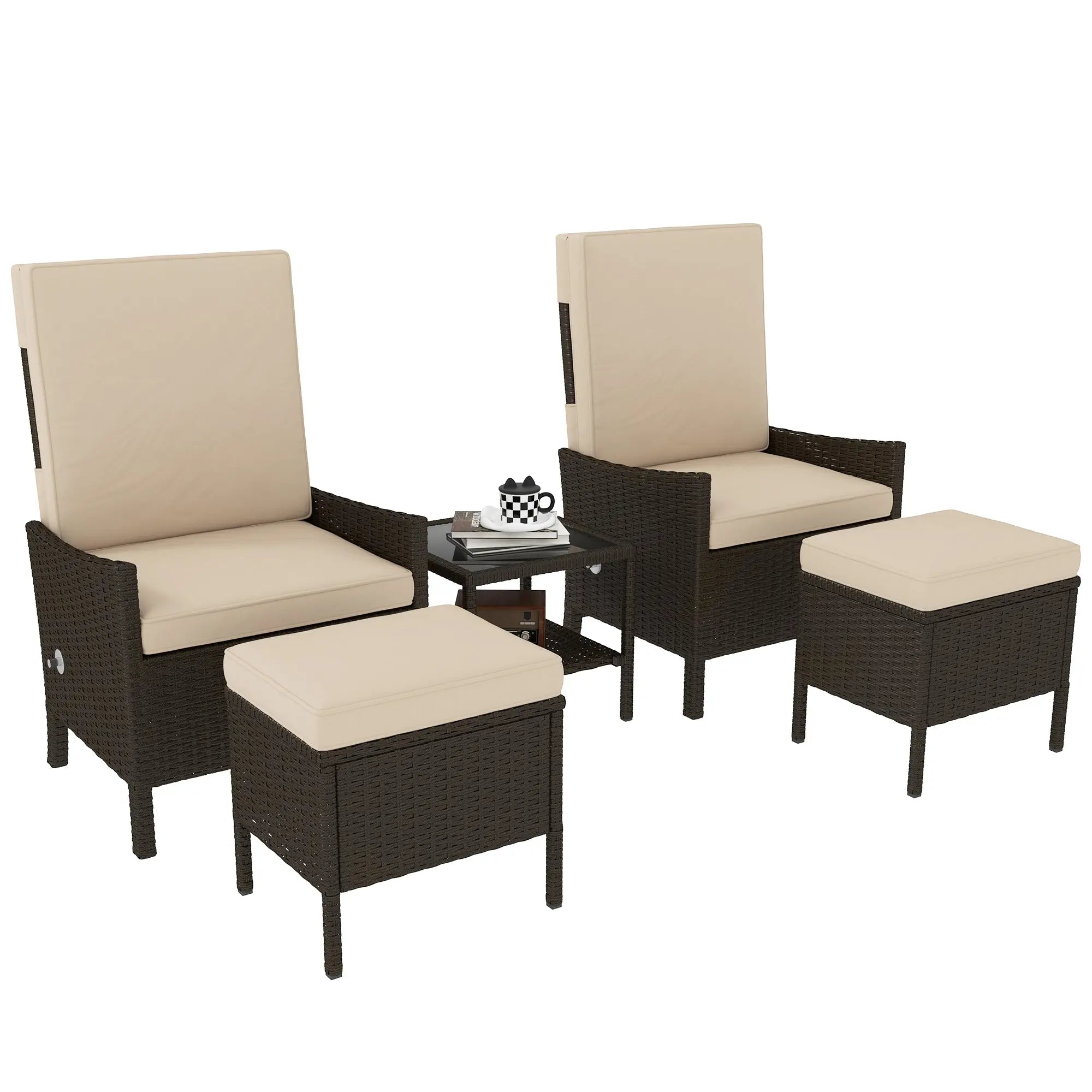 Outsunny 5 Piece Rattan Garden Furniture Set, Wicker Outdoor Furniture with 2 Armchairs, 2 Footstools and Glass Top Coffee Table with Shelf, Cushions for Patio Balcony, Khaki 