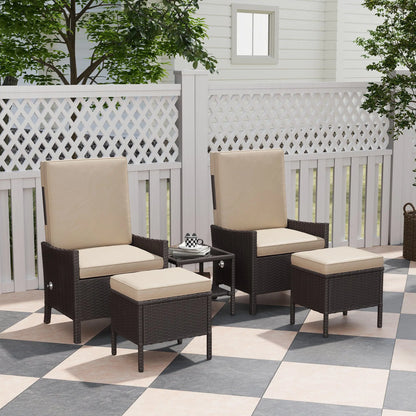 Outsunny 5 Piece Rattan Garden Furniture Set, Wicker Outdoor Furniture with 2 Armchairs, 2 Footstools and Glass Top Coffee Table with Shelf, Cushions for Patio Balcony, Khaki 