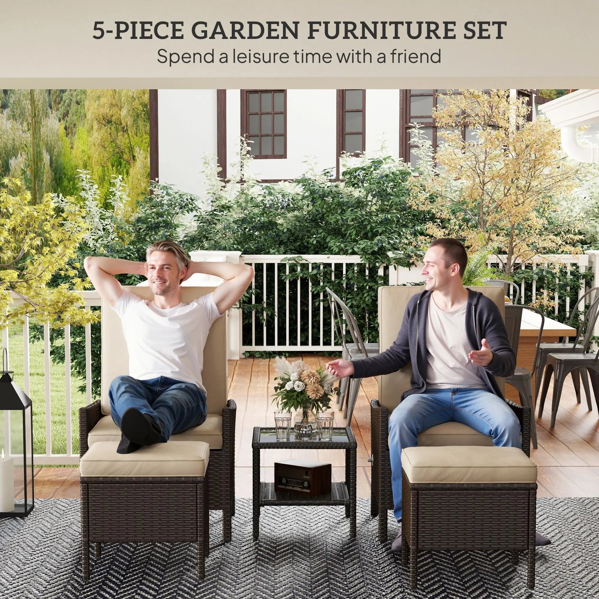 Outsunny 5 Piece Rattan Garden Furniture Set, Wicker Outdoor Furniture with 2 Armchairs, 2 Footstools and Glass Top Coffee Table with Shelf, Cushions for Patio Balcony, Khaki 