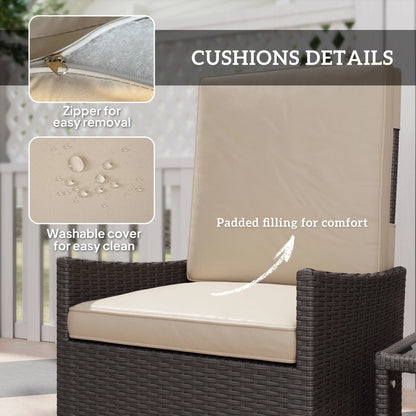 Outsunny 5 Piece Rattan Garden Furniture Set, Wicker Outdoor Furniture with 2 Armchairs, 2 Footstools and Glass Top Coffee Table with Shelf, Cushions for Patio Balcony, Khaki 