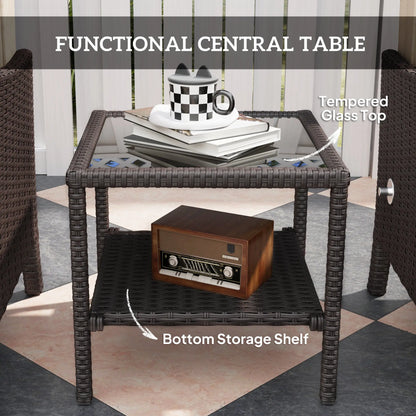 Outsunny 5 Piece Rattan Garden Furniture Set, Wicker Outdoor Furniture with 2 Armchairs, 2 Footstools and Glass Top Coffee Table with Shelf, Cushions for Patio Balcony, Khaki 