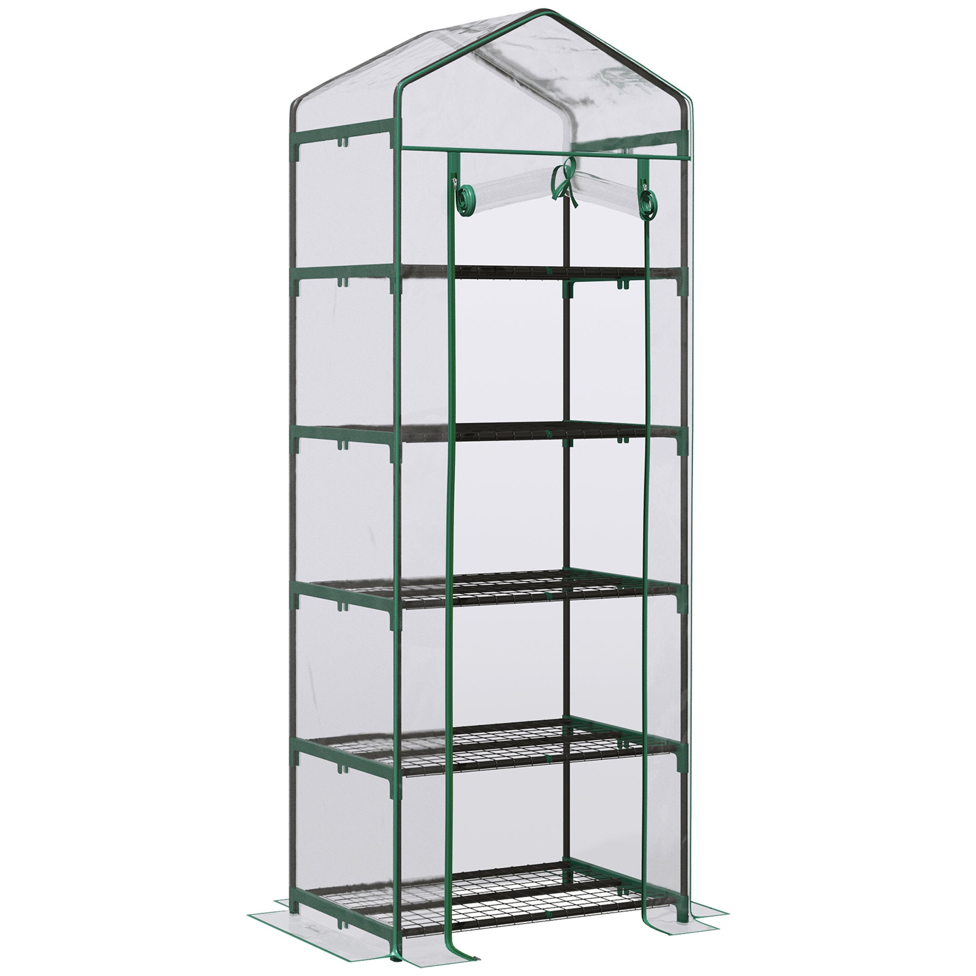 Outsunny 5 Tier Mini Greenhouse, Portable Greenhouse with Reinforced Plastic Cover, Garden Grow House with Roll Up Door and Shelves, 69 x 49 x 193cm, Green 