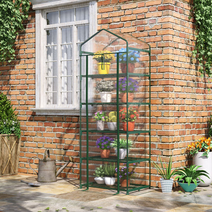 Outsunny 5 Tier Mini Greenhouse, Portable Greenhouse with Reinforced Plastic Cover, Garden Grow House with Roll Up Door and Shelves, 69 x 49 x 193cm, Green 
