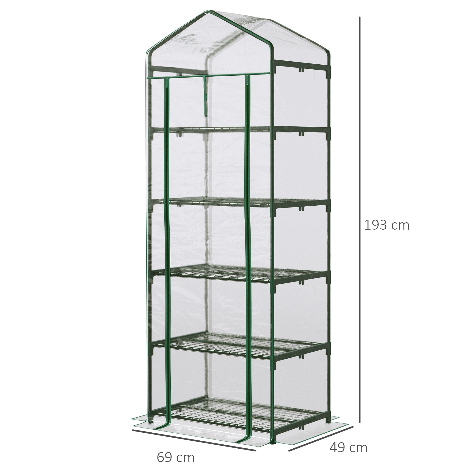 Outsunny 5 Tier Mini Greenhouse, Portable Greenhouse with Reinforced Plastic Cover, Garden Grow House with Roll Up Door and Shelves, 69 x 49 x 193cm, Green 