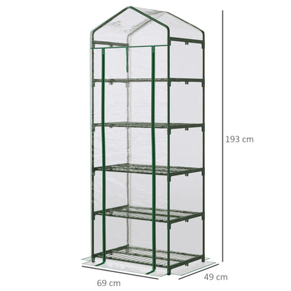 Outsunny 5 Tier Mini Greenhouse, Portable Greenhouse with Reinforced Plastic Cover, Garden Grow House with Roll Up Door and Shelves, 69 x 49 x 193cm, Green 