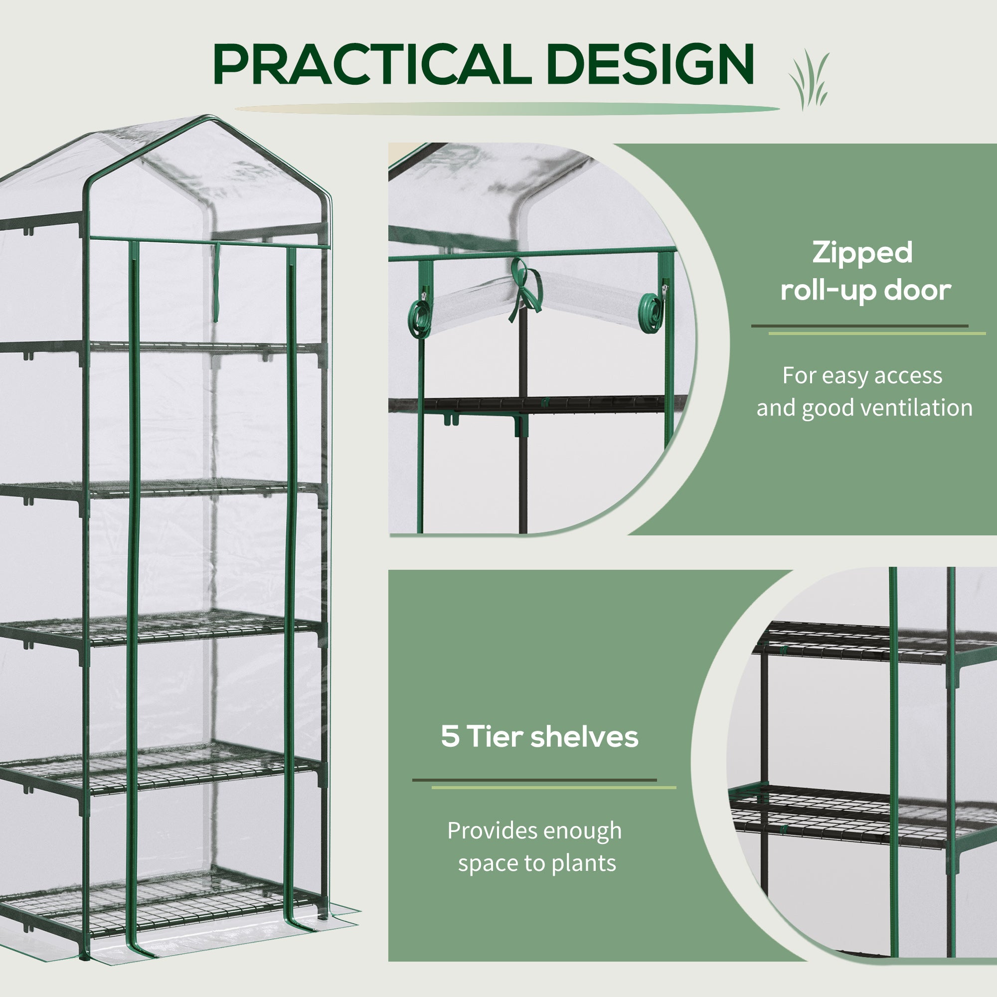 Outsunny 5 Tier Mini Greenhouse, Portable Greenhouse with Reinforced Plastic Cover, Garden Grow House with Roll Up Door and Shelves, 69 x 49 x 193cm, Green 