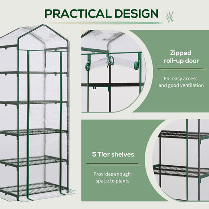 Outsunny 5 Tier Mini Greenhouse, Portable Greenhouse with Reinforced Plastic Cover, Garden Grow House with Roll Up Door and Shelves, 69 x 49 x 193cm, Green 