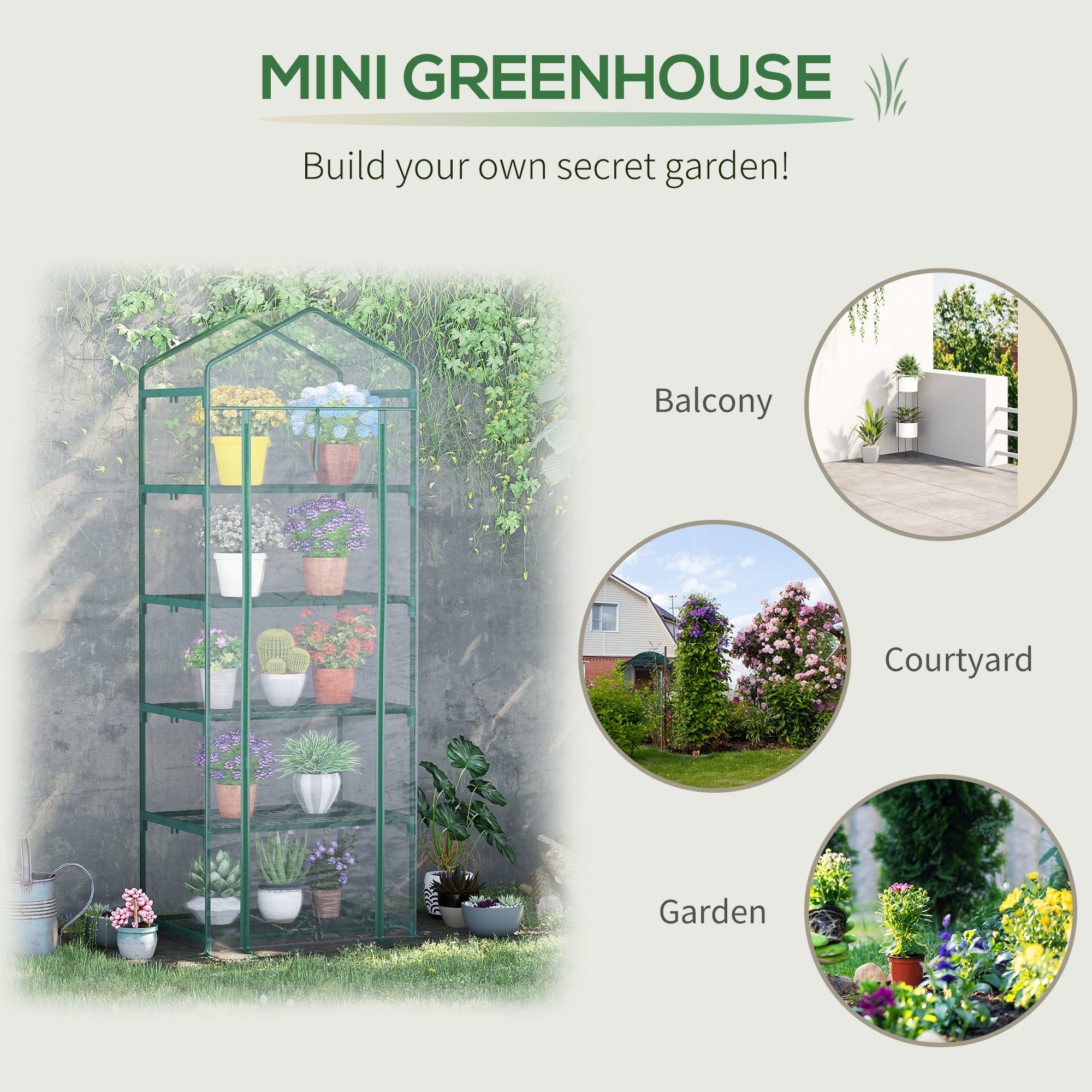 Outsunny 5 Tier Mini Greenhouse, Portable Greenhouse with Reinforced Plastic Cover, Garden Grow House with Roll Up Door and Shelves, 69 x 49 x 193cm, Green 