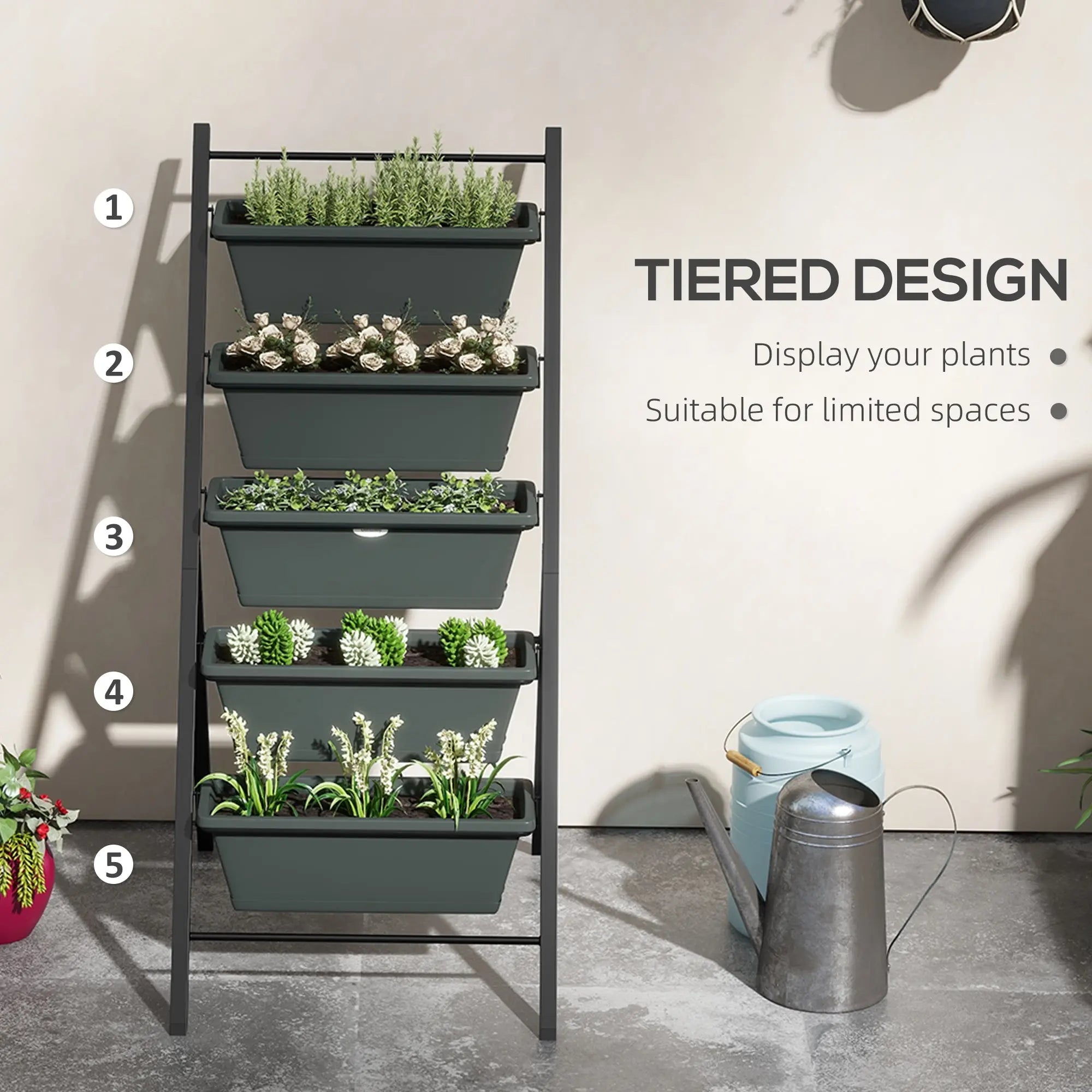 Outsunny 5-Tier Vertical Raised Garden Planter with 5 Container Boxes, Outdoor Plant Stand for Vegetable Flowers, Grey 