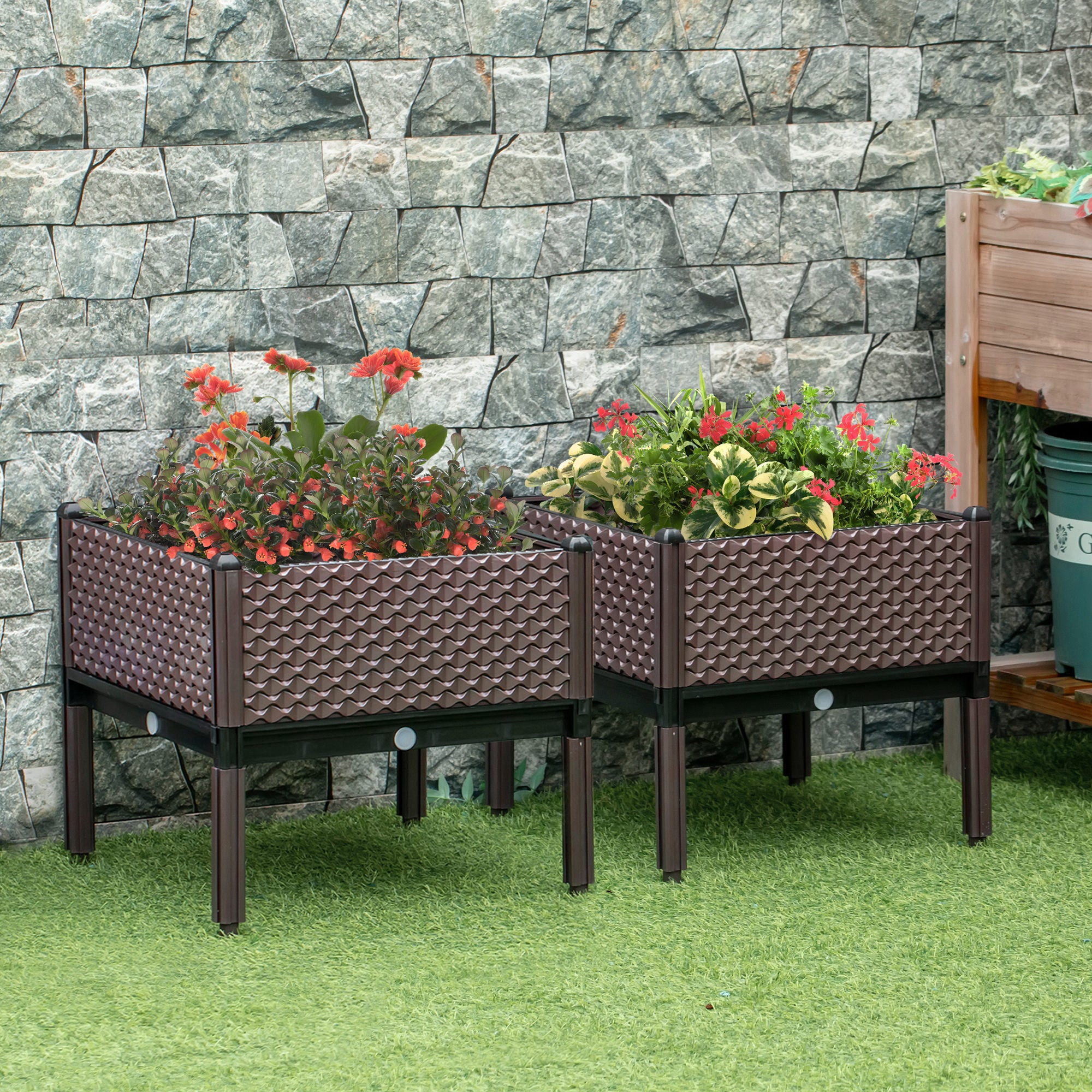 Outsunny 50cm x 50cm x 46.5cm Set of 2 41L Garden Raised Bed, Elevated Planter Box, Flower Vegetables Planting Container with Self-Watering Design and Drainage Holes 