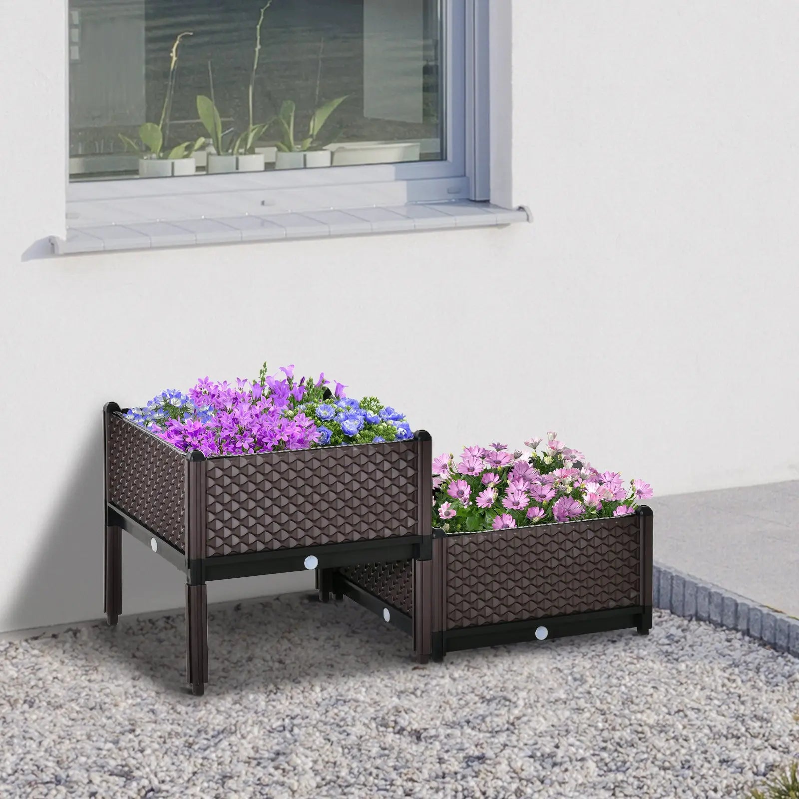 Outsunny 50cm x 50cm x 46.5cm Set of 2 41L Plastic Raised Garden Bed, Planter Box, Flower Vegetables Planting Container with Self-Watering Design and Drainage Holes for Patio Balcony 