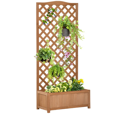 Outsunny 53L Garden Wooden Planter Box with Trellis Free Standing Flower Raised Bed with Lattice for Climbing Plants, 76cm x 36cm x 170cm, Brown 