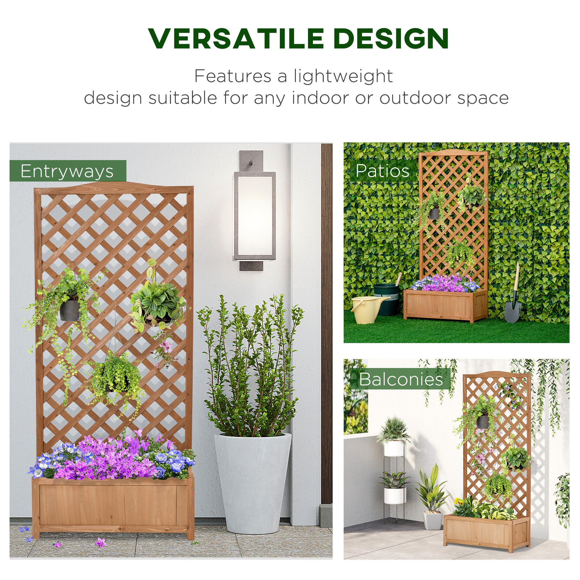 Outsunny 53L Garden Wooden Planter Box with Trellis Free Standing Flower Raised Bed with Lattice for Climbing Plants, 76cm x 36cm x 170cm, Brown 