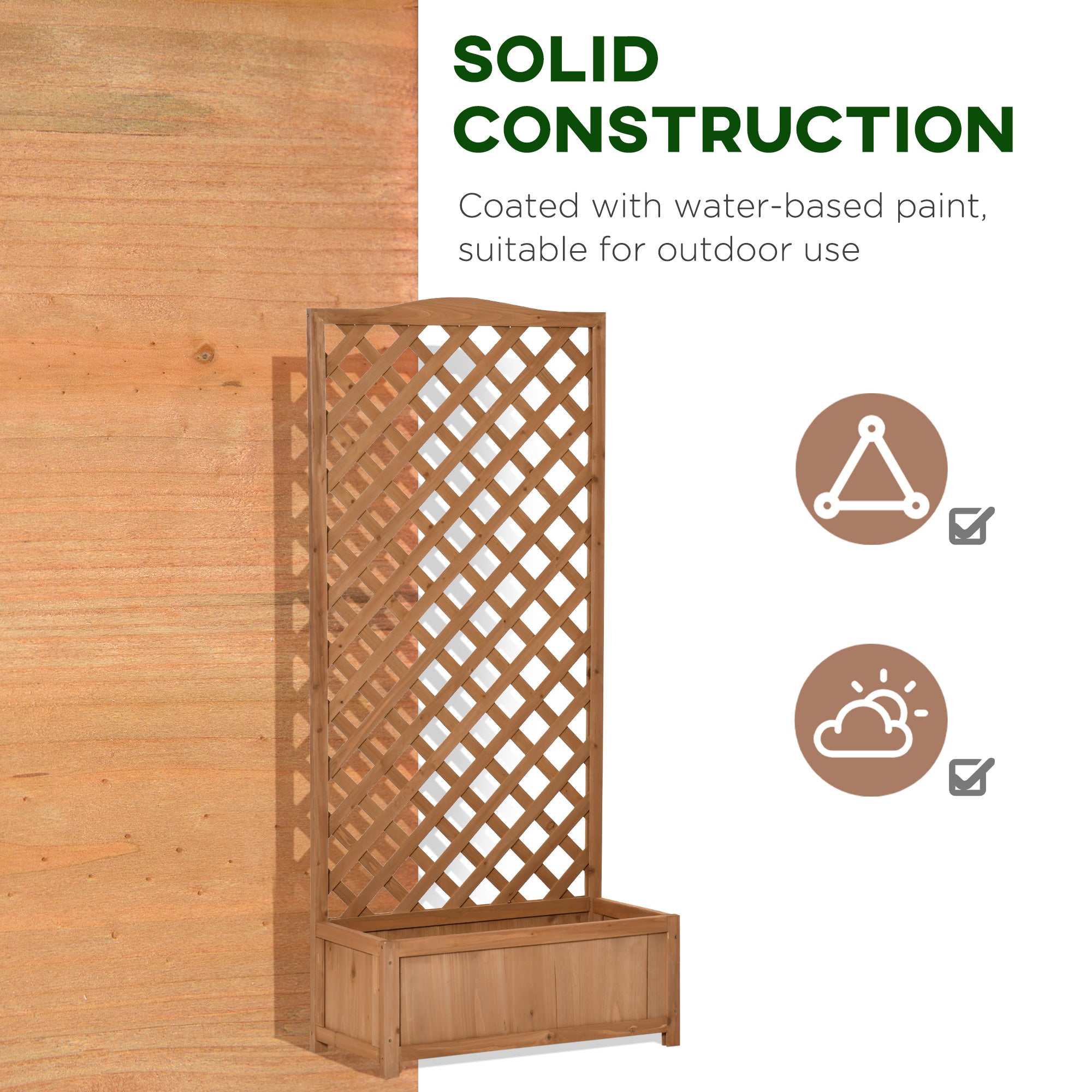 Outsunny 53L Garden Wooden Planter Box with Trellis Free Standing Flower Raised Bed with Lattice for Climbing Plants, 76cm x 36cm x 170cm, Brown 