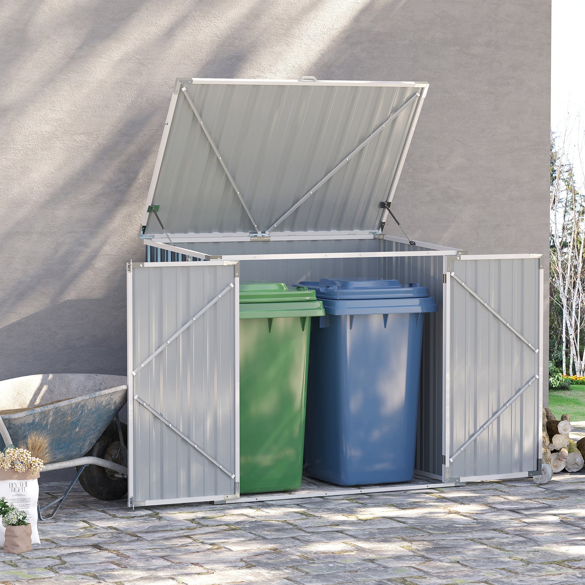 Outsunny 5ft x 3ft Garden 2-Bin Steel Storage Shed, Double Rubbish Storage Shed, Hide Dustbin w/ Locking Doors and Openable Lid 