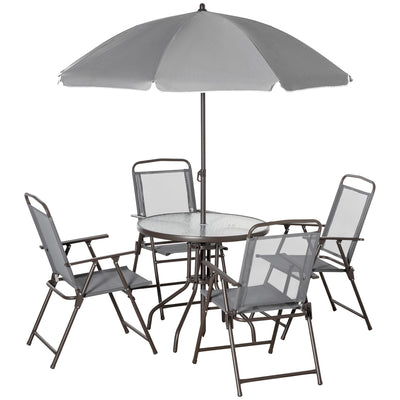 Outsunny 6 Piece Garden Dining Set with Umbrella, Patio Sets with Parasol with 4 Folding Dining Chairs & Round Tempered Glass Table, Grey 