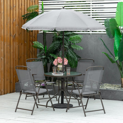 Outsunny 6 Piece Garden Dining Set with Umbrella, Patio Sets with Parasol with 4 Folding Dining Chairs & Round Tempered Glass Table, Grey 