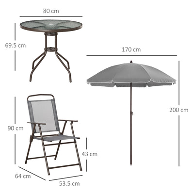 Outsunny 6 Piece Garden Dining Set with Umbrella, Patio Sets with Parasol with 4 Folding Dining Chairs & Round Tempered Glass Table, Grey 