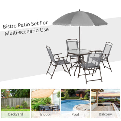 Outsunny 6 Piece Garden Dining Set with Umbrella, Patio Sets with Parasol with 4 Folding Dining Chairs & Round Tempered Glass Table, Grey 