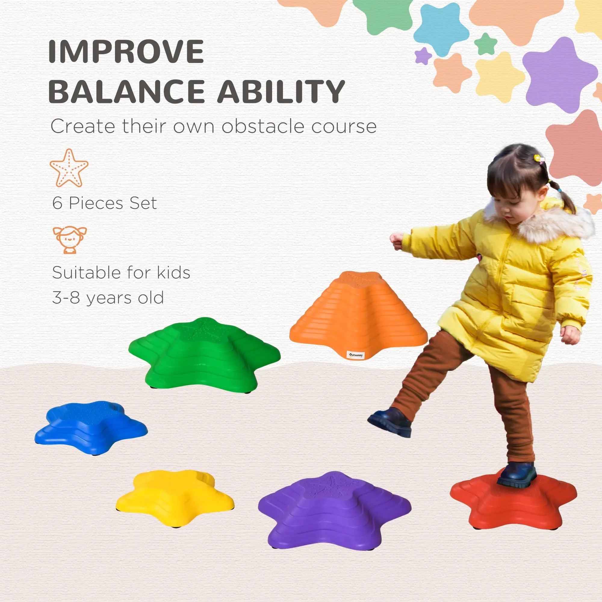 Outsunny 6-Piece Kids Balance Stepping Stones, Starfish Style Non-slip Obstacle Course, Stackable Balance Blocks Garden Toys Encourage Toddler Balance Indoor Outdoor 