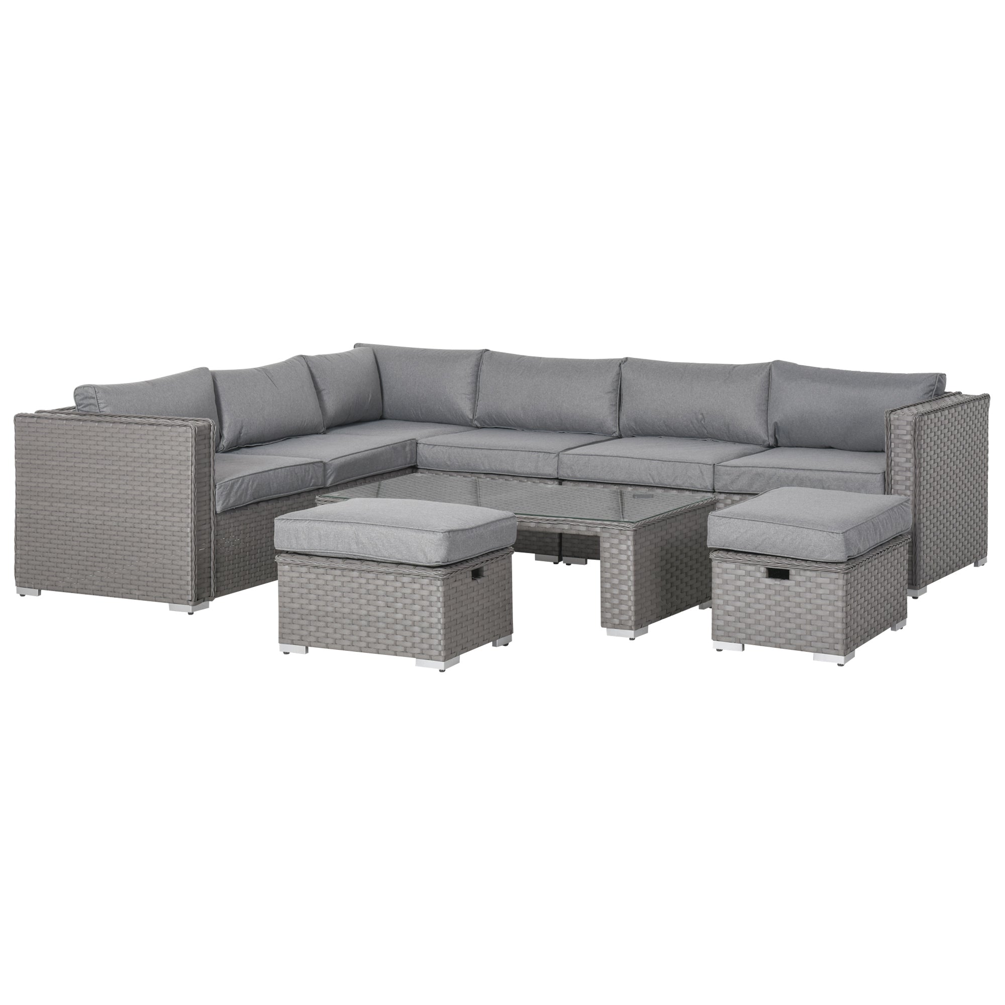 Outsunny 6 Pieces Outdoor PE Rattan Wicker Corner Sofa Set with 10cm Thick Padded Cushions, Aluminium Conservatory Furniture with Glass Top Coffee Table, Footstools, Grey 
