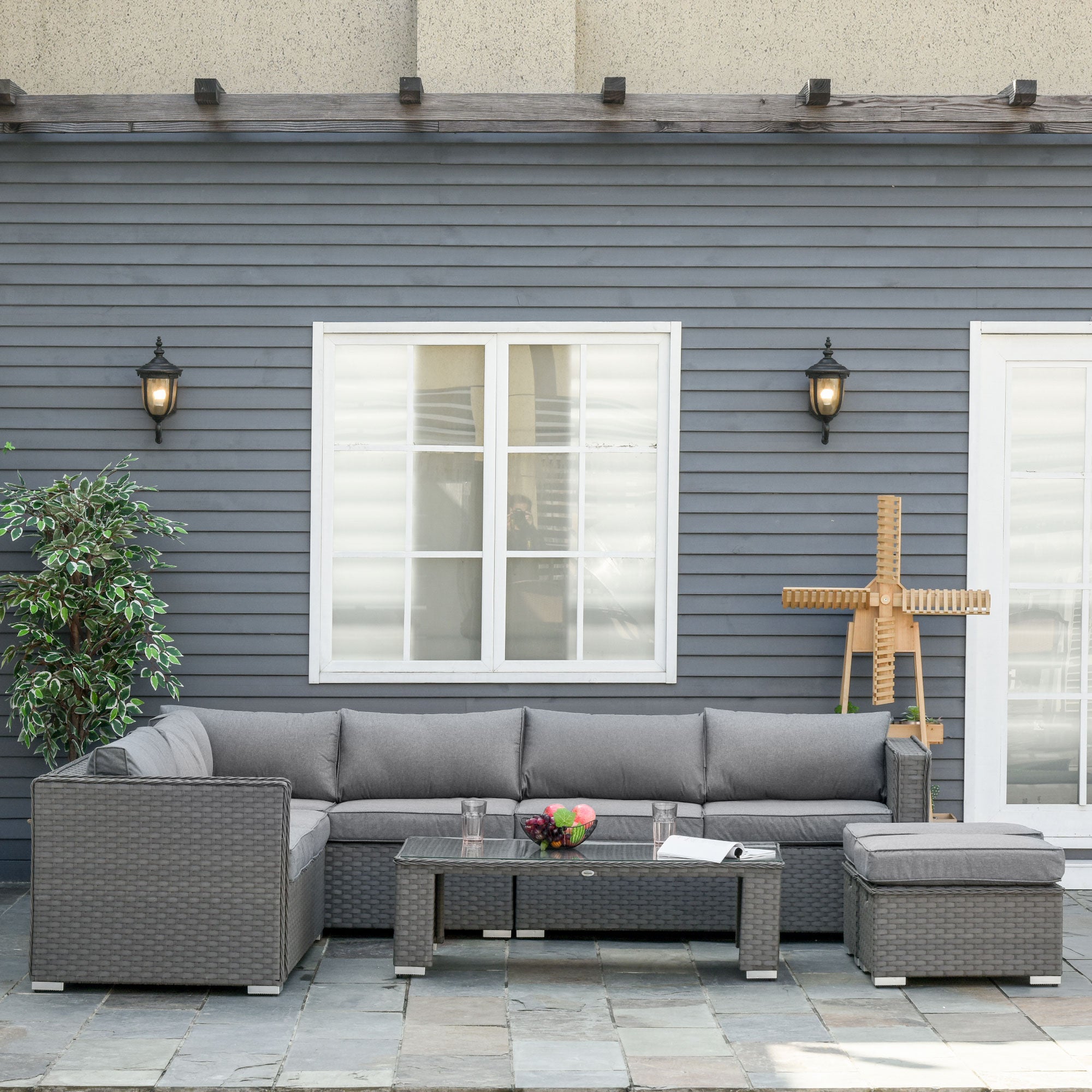 Outsunny 6 Pieces Outdoor PE Rattan Wicker Corner Sofa Set with 10cm Thick Padded Cushions, Aluminium Conservatory Furniture with Glass Top Coffee Table, Footstools, Grey 