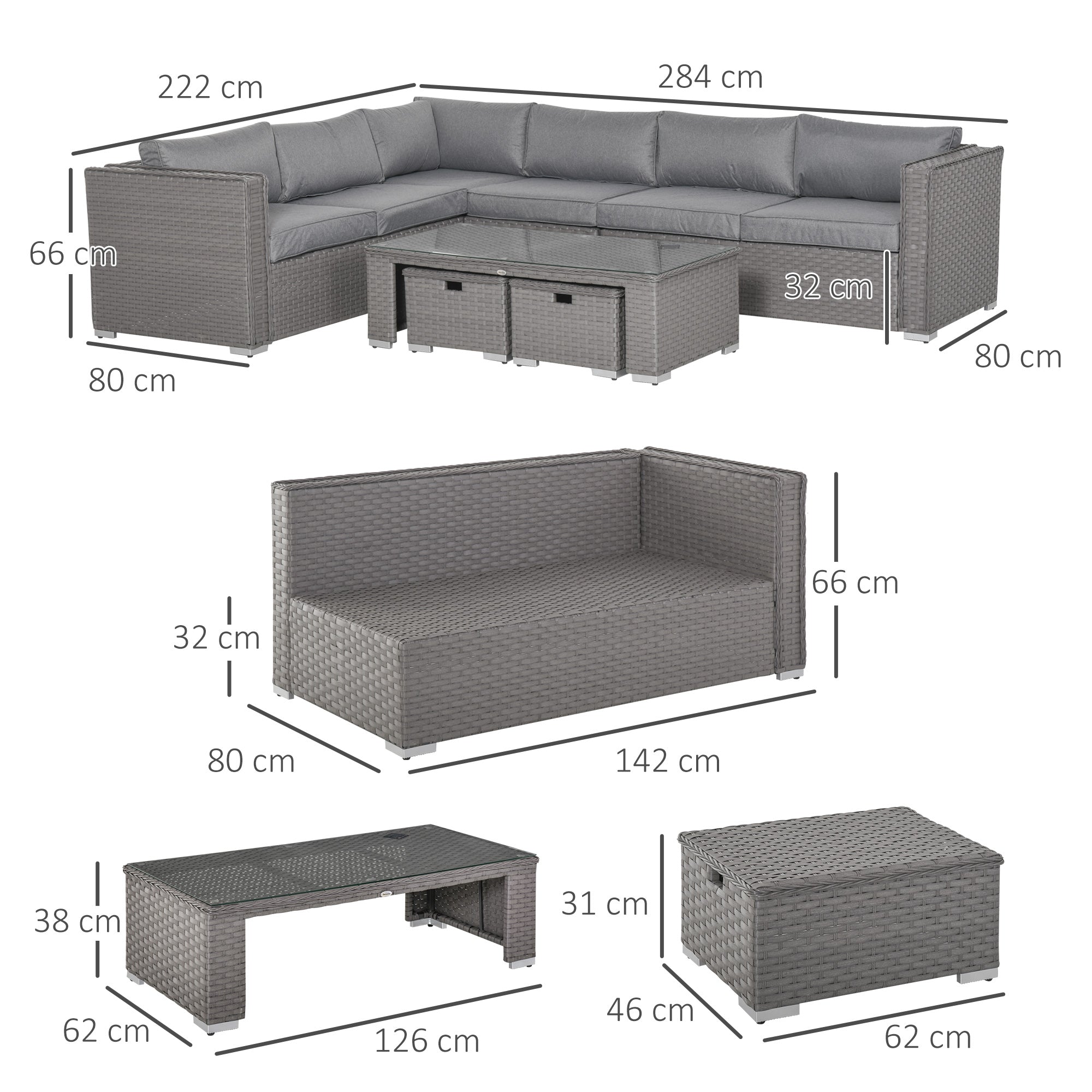 Outsunny 6 Pieces Outdoor PE Rattan Wicker Corner Sofa Set with 10cm Thick Padded Cushions, Aluminium Conservatory Furniture with Glass Top Coffee Table, Footstools, Grey 