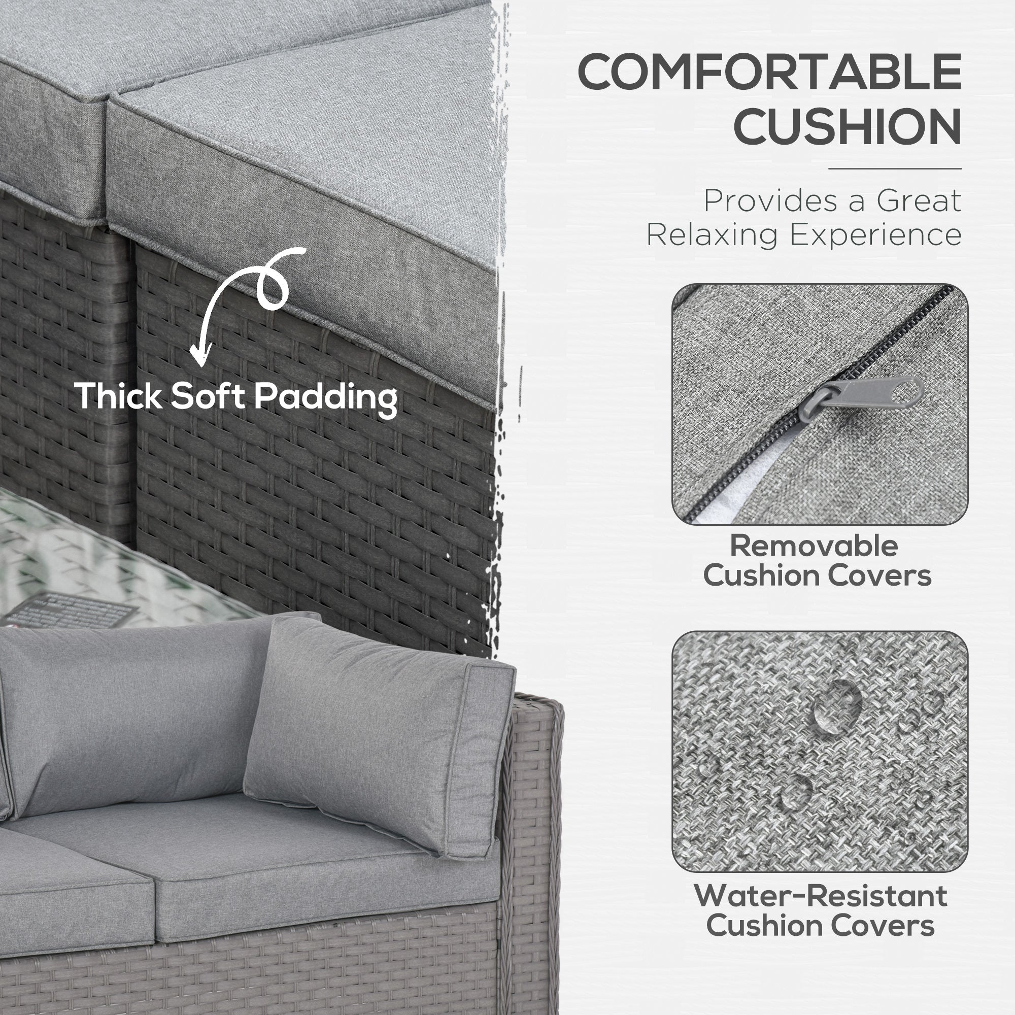 Outsunny 6 Pieces Outdoor PE Rattan Wicker Corner Sofa Set with 10cm Thick Padded Cushions, Aluminium Conservatory Furniture with Glass Top Coffee Table, Footstools, Grey 