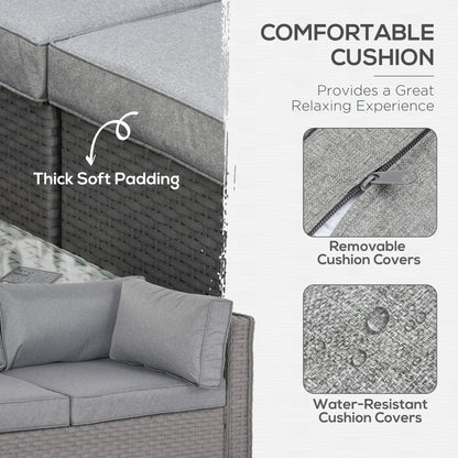 Outsunny 6 Pieces Outdoor PE Rattan Wicker Corner Sofa Set with 10cm Thick Padded Cushions, Aluminium Conservatory Furniture with Glass Top Coffee Table, Footstools, Grey 