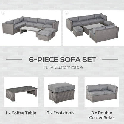 Outsunny 6 Pieces Outdoor PE Rattan Wicker Corner Sofa Set with 10cm Thick Padded Cushions, Aluminium Conservatory Furniture with Glass Top Coffee Table, Footstools, Grey 
