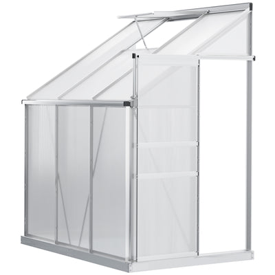 Outsunny 6 x 4ft Lean to Wall Polycarbonate Greenhouse Aluminium Walk-in Garden Greenhouse with Adjustable Roof Vent, Rain Gutter and Sliding Door, Clear 