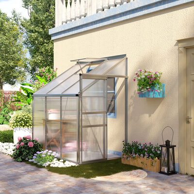 Outsunny 6 x 4ft Lean to Wall Polycarbonate Greenhouse Aluminium Walk-in Garden Greenhouse with Adjustable Roof Vent, Rain Gutter and Sliding Door, Clear 