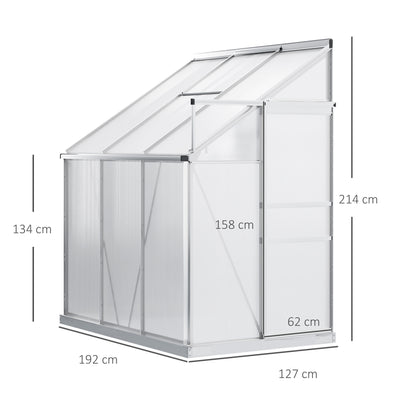 Outsunny 6 x 4ft Lean to Wall Polycarbonate Greenhouse Aluminium Walk-in Garden Greenhouse with Adjustable Roof Vent, Rain Gutter and Sliding Door, Clear 