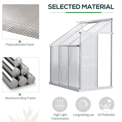 Outsunny 6 x 4ft Lean to Wall Polycarbonate Greenhouse Aluminium Walk-in Garden Greenhouse with Adjustable Roof Vent, Rain Gutter and Sliding Door, Clear 