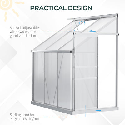 Outsunny 6 x 4ft Lean to Wall Polycarbonate Greenhouse Aluminium Walk-in Garden Greenhouse with Adjustable Roof Vent, Rain Gutter and Sliding Door, Clear 