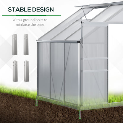 Outsunny 6 x 4ft Lean to Wall Polycarbonate Greenhouse Aluminium Walk-in Garden Greenhouse with Adjustable Roof Vent, Rain Gutter and Sliding Door, Clear 